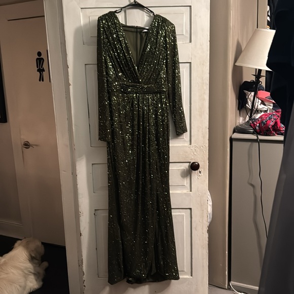 Mac Duggal Sequin Long Sleeve Faux Wrap Gown - Picture 4 of 5